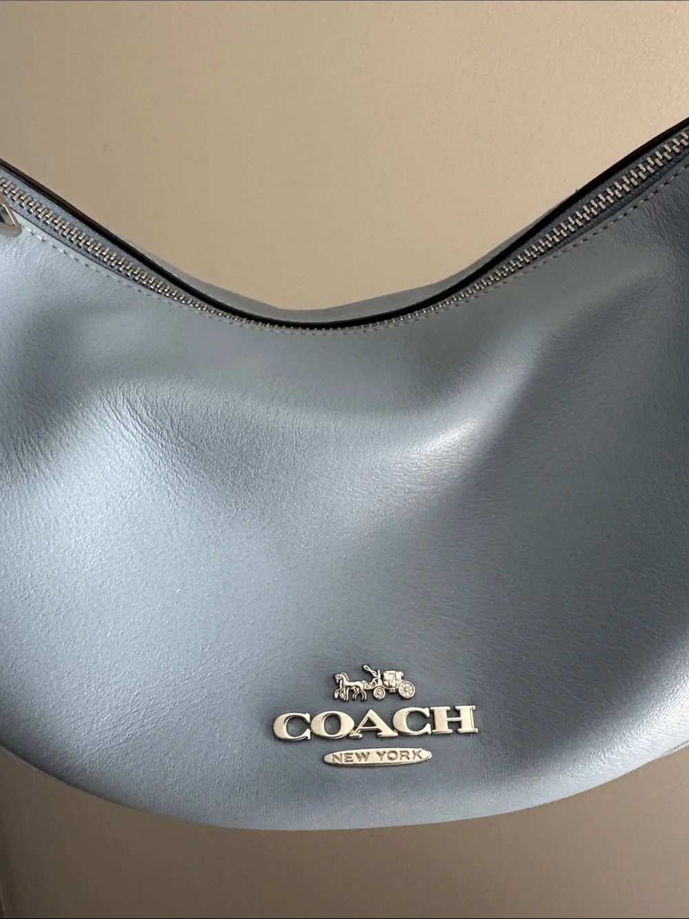 Coach Pace Cornflower Blue Hobo Bag Logo Strap Crossbody Silver HW EUC CT644
